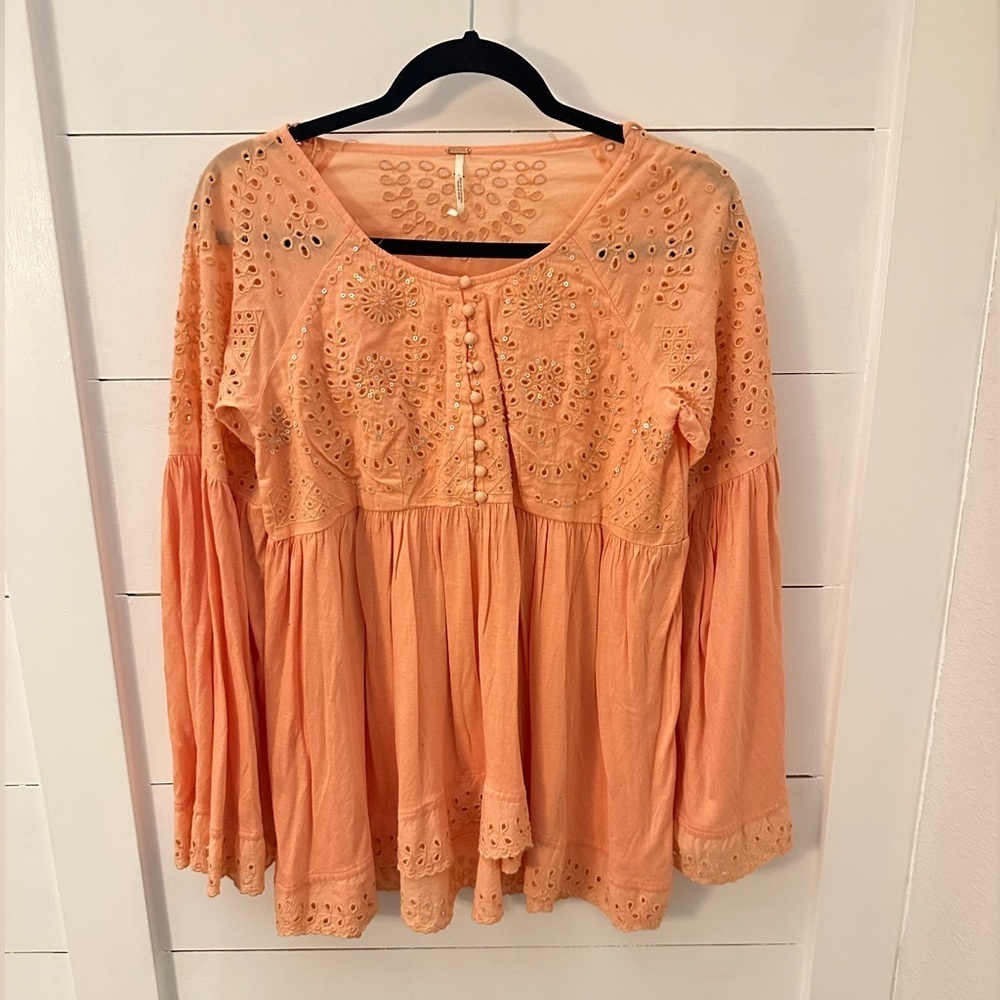 FREE PEOPLE XS Peach paisley cutout viscose cotton woman babydoll blouse boho